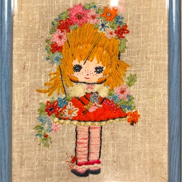 Vintage MCM Crewel Embroidery Barbara Keane's BIG EYES Boy & Girl Pair Art Work - Picture 2 of 11